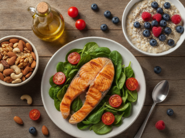 Heart-healthy foods including salmon, nuts, olive oil, leafy greens, berries and oats on a wooden table