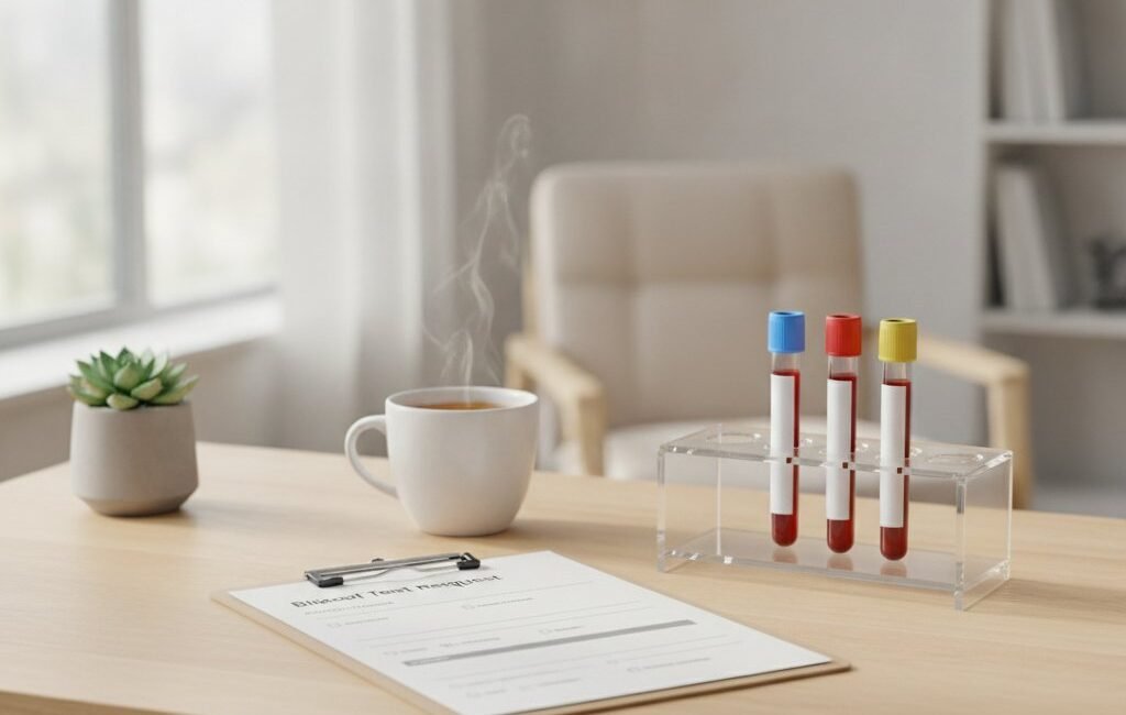 Blood sample tubes and a test request form on a doctor's desk, representing blood tests for tiredness