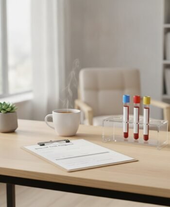 Blood sample tubes and a test request form on a doctor's desk, representing blood tests for tiredness
