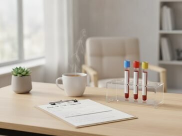 Blood sample tubes and a test request form on a doctor's desk, representing blood tests for tiredness