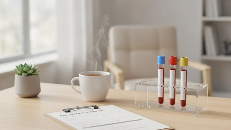 Blood sample tubes and a test request form on a doctor's desk, representing blood tests for tiredness