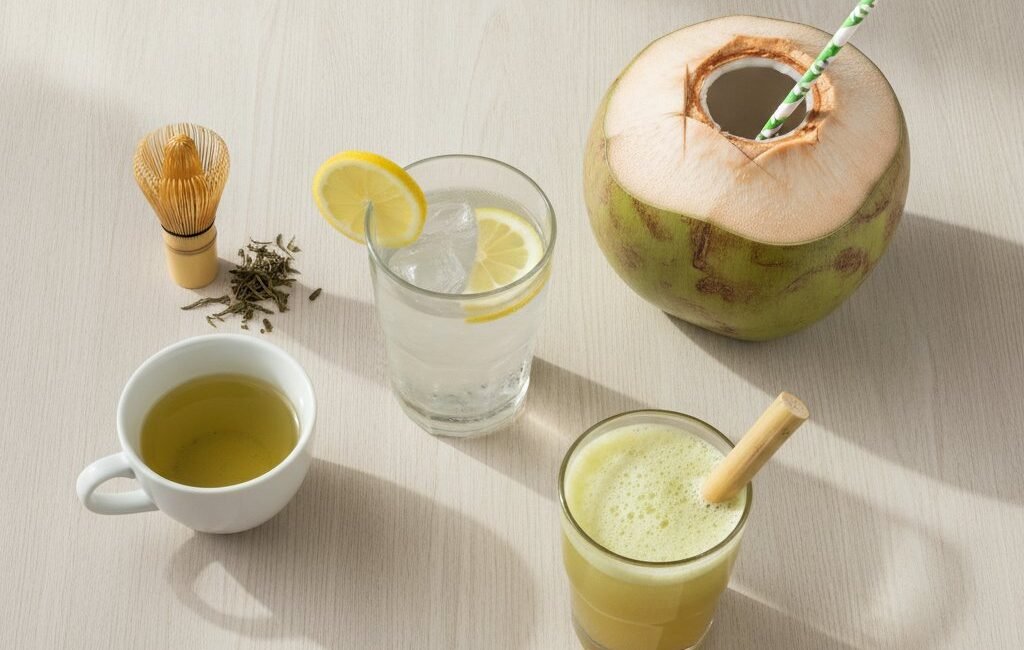 Glass of water, green tea, fresh coconut water and sugarcane juice on a wooden table