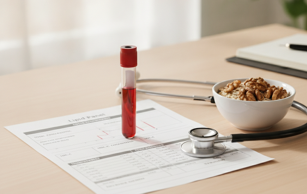 Blood sample tube and lipid panel report on a desk with a stethoscope, oats and walnuts