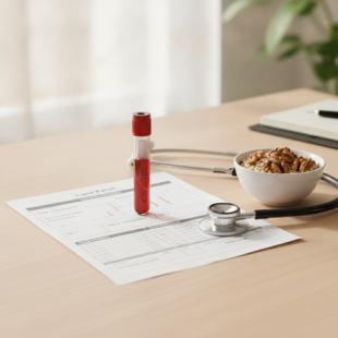 Blood sample tube and lipid panel report on a desk with a stethoscope, oats and walnuts