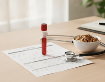 Blood sample tube and lipid panel report on a desk with a stethoscope, oats and walnuts