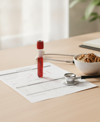 Blood sample tube and lipid panel report on a desk with a stethoscope, oats and walnuts