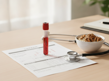 Blood sample tube and lipid panel report on a desk with a stethoscope, oats and walnuts