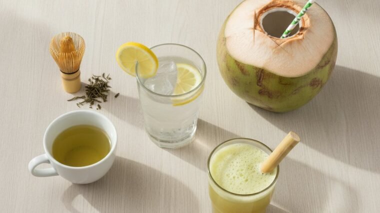 Glass of water, green tea, fresh coconut water and sugarcane juice on a wooden table