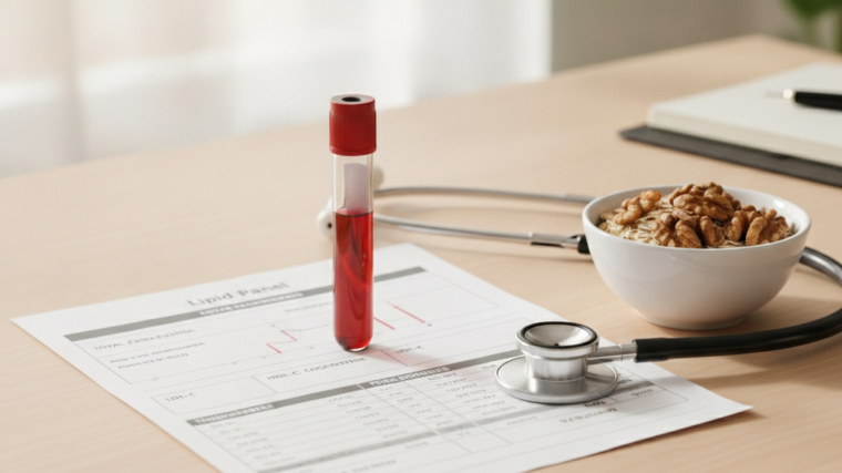 Blood sample tube and lipid panel report on a desk with a stethoscope, oats and walnuts