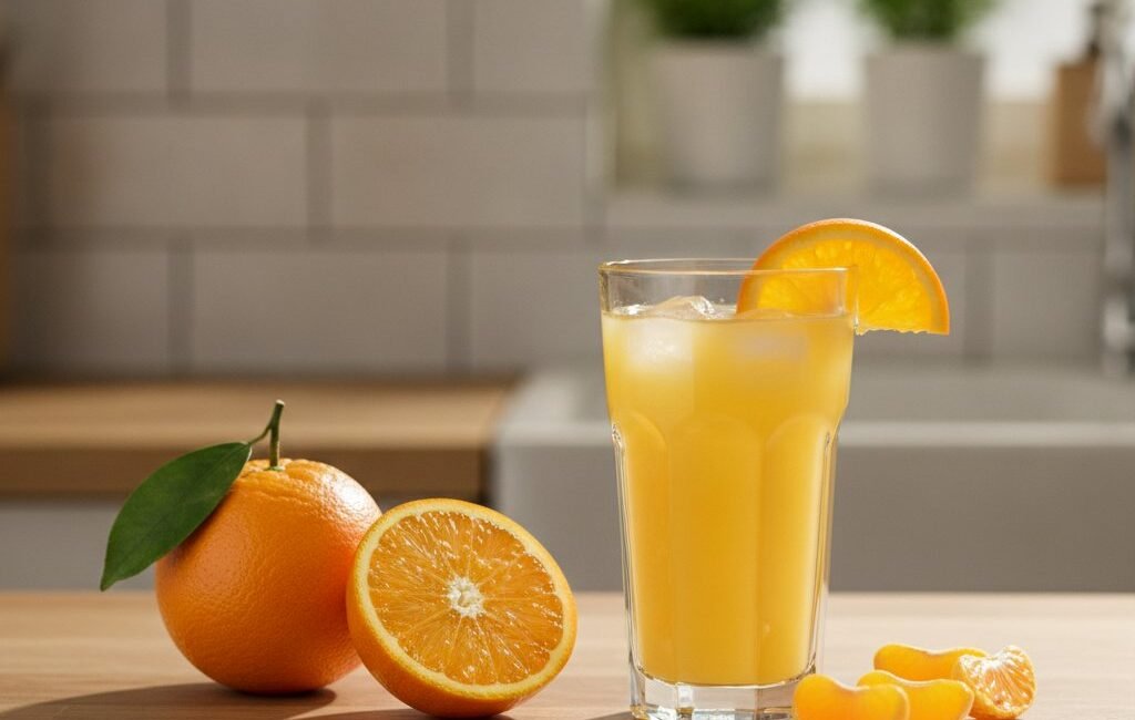 A glass of orange juice beside whole and halved oranges on a wooden table