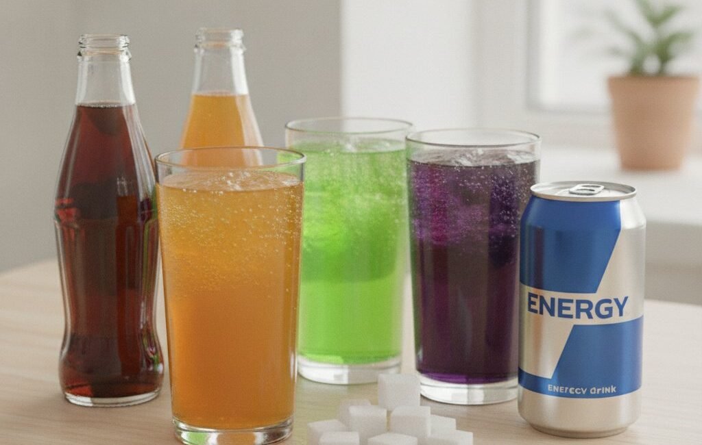 Sugary soft drinks and an energy drink next to a pile of sugar cubes