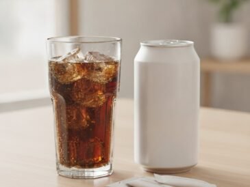 Glass of diet cola with ice beside sweetener packets on a wooden table