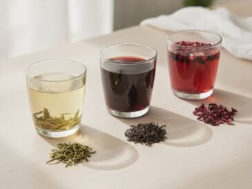 Cups of green tea, black tea and hibiscus herbal tea side by side on a wooden table